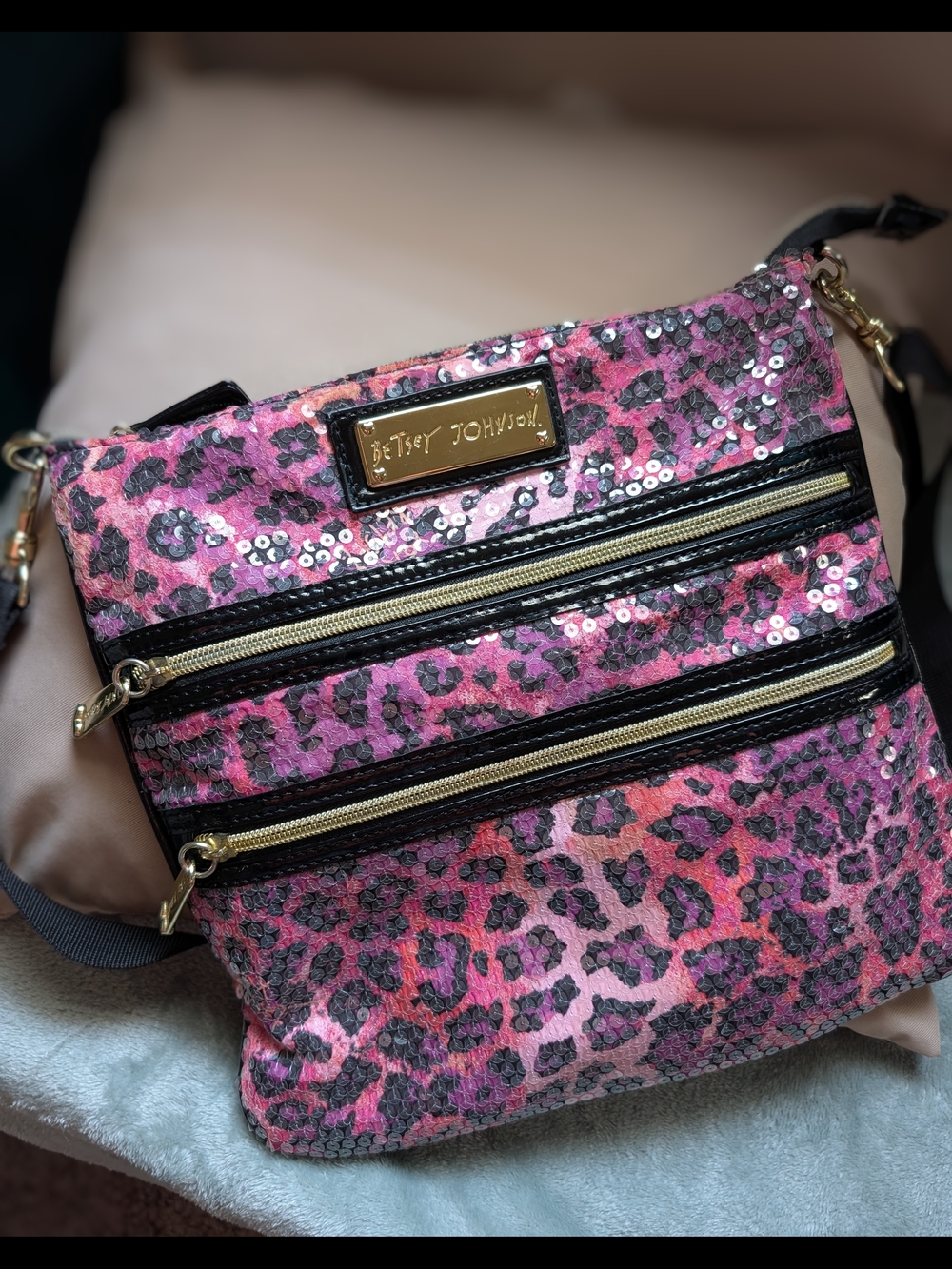 Betsey Johnson Pink and Black Sequin Leopard Crossbody Bag